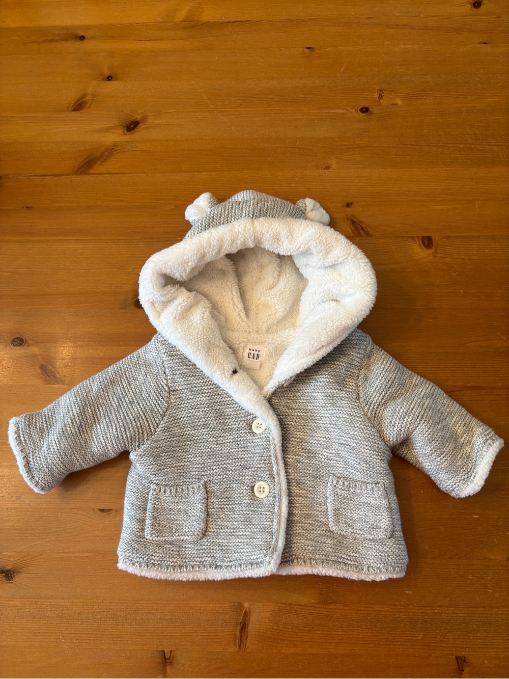 GAP Baby 0-3 Months Gray Hooded Knit Coat with Sherpa Lining